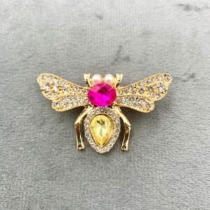 Trendy Bling Bee gold-tone sparkly wing red yellow clear stone pearl brooch pin